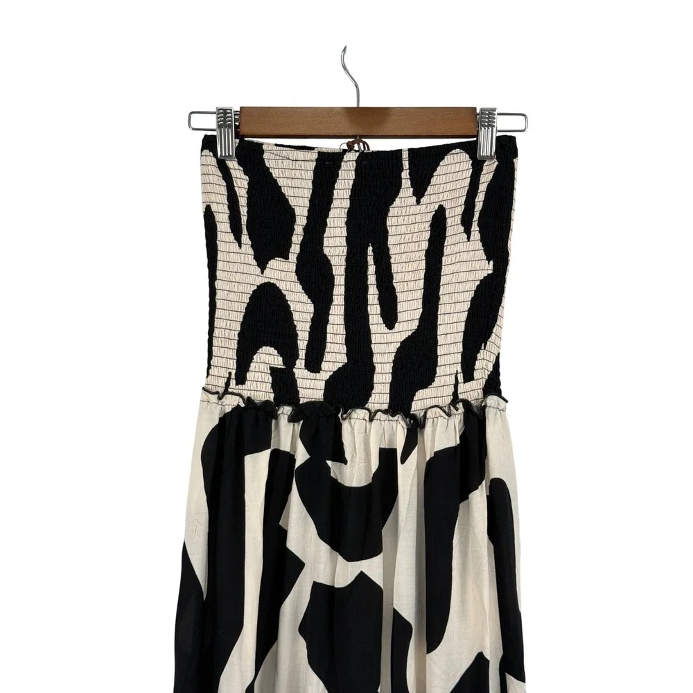 Abel The Label Black White Strapless Smocked Tiered Maxi Dress M NWT